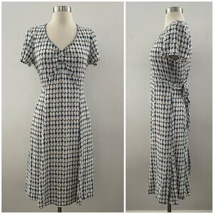 Boden Polka Dot Bow Dress Women's Size 14 Blue White Retro Modest Feminine Chic